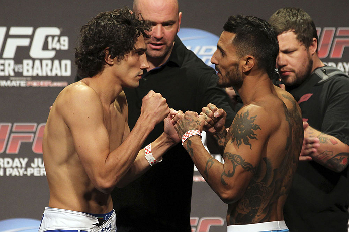 CALGARY, CANADA - JULY 20: Roland Delorme and Francisco Rivera face off at the UFC 149 weigh-in at the Scotiabank Saddledome on July 20, 2012 in Calgary, Alberta, Canada.  (Photo by Jeff Bottari/Zuffa LLC/Zuffa LLC via Getty Images)