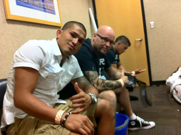 DENVER, CO - AUGUST 11:  UFC fighter Anthony "Showtime" Pettis in the locker room with teammate Chico Camus while attending UFC 150 inside Pepsi Center on August 11, 2012 in Denver, Colorado. (Zuffa LLC)