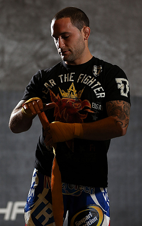 DENVER, CO - AUGUST 08:  Frankie Edgar works out for the media during the UFC 150 open workouts at the Muscle Pharm Sports Science Center on August 8, 2012 in Denver, Colorado. (Photo by Josh Hedges/Zuffa LLC/Zuffa LLC via Getty Images)