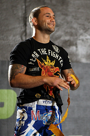 DENVER, CO - AUGUST 08:  Frankie Edgar works out for the media during the UFC 150 open workouts at the Muscle Pharm Sports Science Center on August 8, 2012 in Denver, Colorado. (Photo by Josh Hedges/Zuffa LLC/Zuffa LLC via Getty Images)