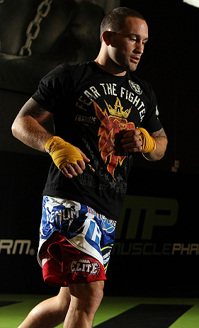 DENVER, CO - AUGUST 08:  Frankie Edgar works out for the media during the UFC 150 open workouts at the Muscle Pharm Sports Science Center on August 8, 2012 in Denver, Colorado. (Photo by Josh Hedges/Zuffa LLC/Zuffa LLC via Getty Images)