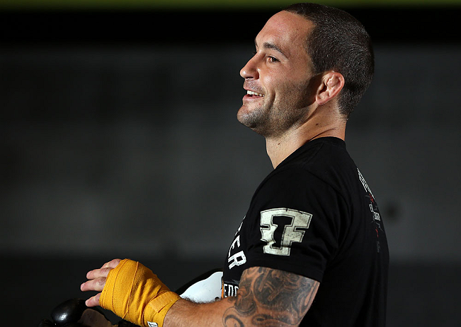 DENVER, CO - AUGUST 08:  Frankie Edgar works out for the media during the UFC 150 open workouts at the Muscle Pharm Sports Science Center on August 8, 2012 in Denver, Colorado. (Photo by Josh Hedges/Zuffa LLC/Zuffa LLC via Getty Images)