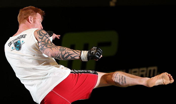 DENVER, CO - AUGUST 08:  Ed Herman works out for the media during the UFC 150 open workouts at the Muscle Pharm Sports Science Center on August 8, 2012 in Denver, Colorado. (Photo by Josh Hedges/Zuffa LLC/Zuffa LLC via Getty Images)