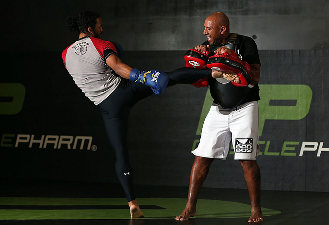 DENVER, CO - AUGUST 08:  Benson Henderson works out for the media during the UFC 150 open workouts at the Muscle Pharm Sports Science Center on August 8, 2012 in Denver, Colorado. (Photo by Josh Hedges/Zuffa LLC/Zuffa LLC via Getty Images)