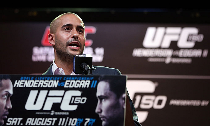 DENVER, CO - AUGUST 09:  Jon Anik interacts with media and fans during the UFC 150 press conference at the Fillmore Auditorium on August 9, 2012 in Denver, Colorado. (Photo by Josh Hedges/Zuffa LLC/Zuffa LLC via Getty Images)
