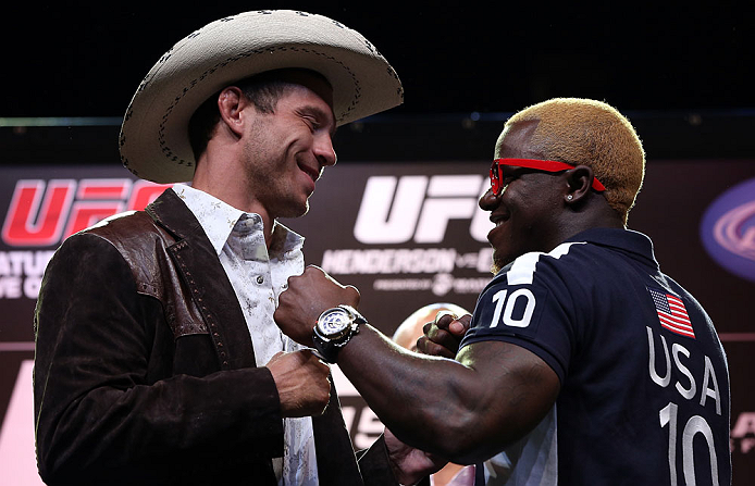 DENVER, CO - AUGUST 09:  (L-R) Opponents Donald "Cowboy" Cerrone and Melvin Guillard face off during the UFC 150 press conference at the Fillmore Auditorium on August 9, 2012 in Denver, Colorado. (Photo by Josh Hedges/Zuffa LLC/Zuffa LLC via Getty Images)