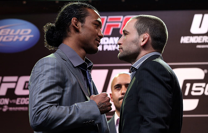 DENVER, CO - AUGUST 09:  (L-R) Opponents Benson Henderson and Frankie Edgar face off during the UFC 150 press conference at the Fillmore Auditorium on August 9, 2012 in Denver, Colorado. (Photo by Josh Hedges/Zuffa LLC/Zuffa LLC via Getty Images)