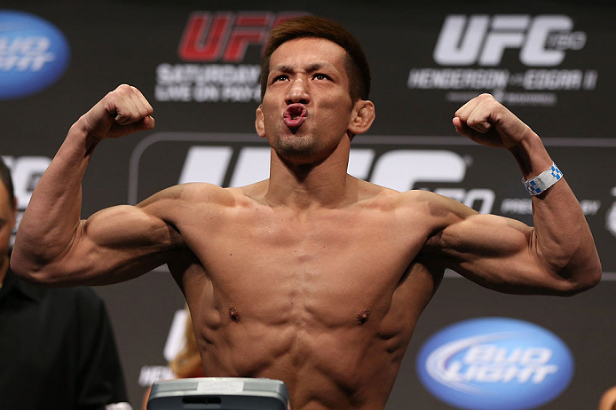 DENVER, CO - AUGUST 10:  Eiji Mitsuoka makes weight during the UFC 150 weigh in at Pepsi Center on August 10, 2012 in Denver, Colorado. (Photo by Josh Hedges/Zuffa LLC/Zuffa LLC via Getty Images)