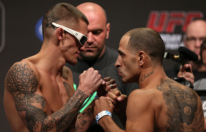 DENVER, CO - AUGUST 10: (L-R) Opponents Dustin Pague and Chico Camus face off during the UFC 150 weigh in at Pepsi Center on August 10, 2012 in Denver, Colorado. (Photo by Josh Hedges/Zuffa LLC/Zuffa LLC via Getty Images)