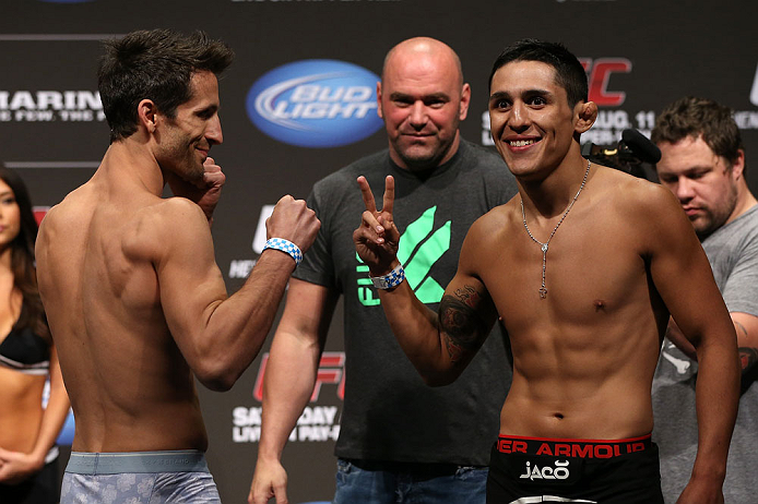 DENVER, CO - AUGUST 10: (L-R) Opponents Ken Stone and Erik Perez face off during the UFC 150 weigh in at Pepsi Center on August 10, 2012 in Denver, Colorado. (Photo by Josh Hedges/Zuffa LLC/Zuffa LLC via Getty Images)