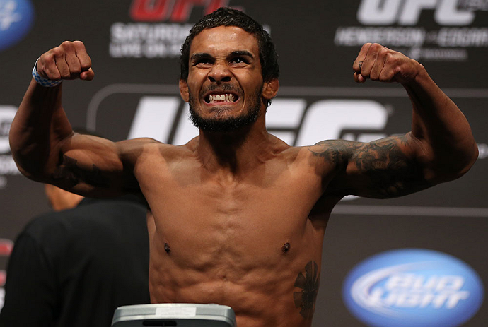DENVER, CO - AUGUST 10: Dennis Bermudez makes weight during the UFC 150 weigh in at Pepsi Center on August 10, 2012 in Denver, Colorado. (Photo by Josh Hedges/Zuffa LLC/Zuffa LLC via Getty Images)
