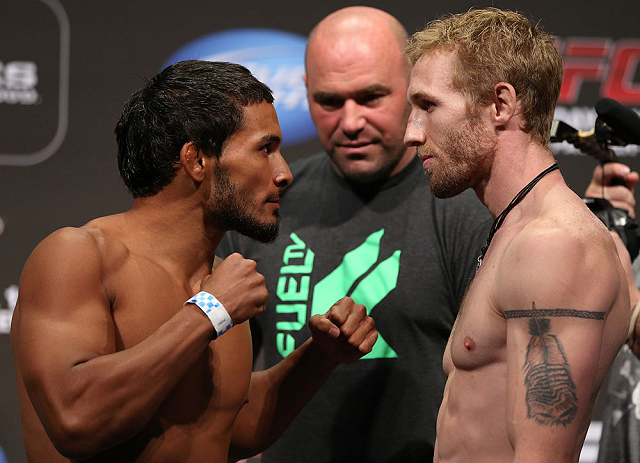 DENVER, CO - AUGUST 10: (L-R) Opponents Dennis Bermudez and Tom Hayden during the UFC 150 weigh in at Pepsi Center on August 10, 2012 in Denver, Colorado. (Photo by Josh Hedges/Zuffa LLC/Zuffa LLC via Getty Images)