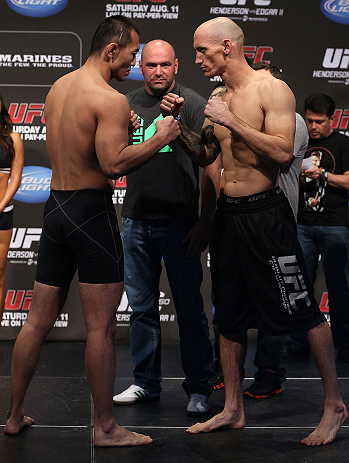 DENVER, CO - AUGUST 10: (L-R) Opponents Yushin Okami and Buddy Roberts face off during the UFC 150 weigh in at Pepsi Center on August 10, 2012 in Denver, Colorado. (Photo by Josh Hedges/Zuffa LLC/Zuffa LLC via Getty Images)