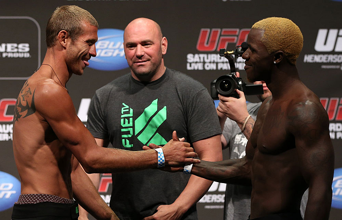DENVER, CO - AUGUST 10: (L-R) Opponents Donald "Cowboy" Cerrone and Melvin Guillard shake hands during the UFC 150 weigh in at Pepsi Center on August 10, 2012 in Denver, Colorado. (Photo by Josh Hedges/Zuffa LLC/Zuffa LLC via Getty Images)