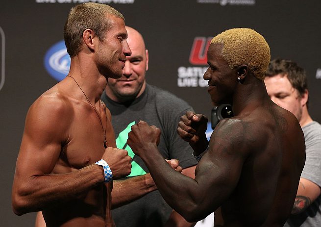 DENVER, CO - AUGUST 10: (L-R) Opponents Donald "Cowboy" Cerrone and Melvin Guillard face off during the UFC 150 weigh in at Pepsi Center on August 10, 2012 in Denver, Colorado. (Photo by Josh Hedges/Zuffa LLC/Zuffa LLC via Getty Images)