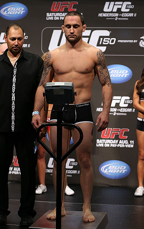 DENVER, CO - AUGUST 10: Frankie Edgar makes weight during the UFC 150 weigh in at Pepsi Center on August 10, 2012 in Denver, Colorado. (Photo by Josh Hedges/Zuffa LLC/Zuffa LLC via Getty Images)