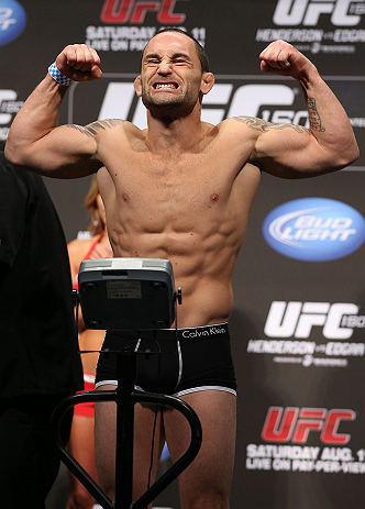 DENVER, CO - AUGUST 10: Frankie Edgar makes weight during the UFC 150 weigh in at Pepsi Center on August 10, 2012 in Denver, Colorado. (Photo by Josh Hedges/Zuffa LLC/Zuffa LLC via Getty Images)