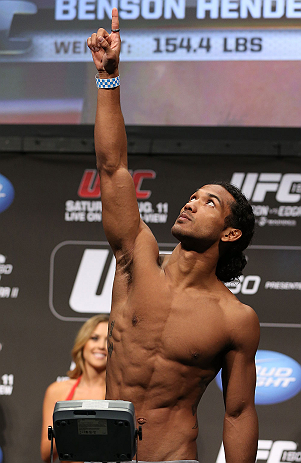 DENVER, CO - AUGUST 10: Benson Henderson makes weight during the UFC 150 weigh in at Pepsi Center on August 10, 2012 in Denver, Colorado. (Photo by Josh Hedges/Zuffa LLC/Zuffa LLC via Getty Images)