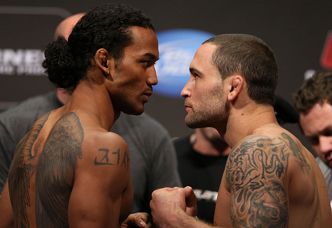 DENVER, CO - AUGUST 10: (L-R) Opponents Benson Henderson and Frankie Edgar face off during the UFC 150 weigh in at Pepsi Center on August 10, 2012 in Denver, Colorado. (Photo by Josh Hedges/Zuffa LLC/Zuffa LLC via Getty Images)