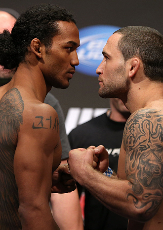 DENVER, CO - AUGUST 10: (L-R) Opponents Benson Henderson and Frankie Edgar face off during the UFC 150 weigh in at Pepsi Center on August 10, 2012 in Denver, Colorado. (Photo by Josh Hedges/Zuffa LLC/Zuffa LLC via Getty Images)