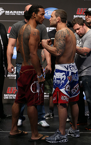 DENVER, CO - AUGUST 10: (L-R) Opponents Benson Henderson and Frankie Edgar face off during the UFC 150 weigh in at Pepsi Center on August 10, 2012 in Denver, Colorado. (Photo by Josh Hedges/Zuffa LLC/Zuffa LLC via Getty Images)