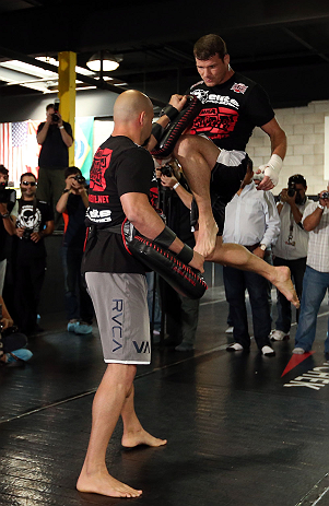 TORONTO, CANADA - SEPTEMBER 19: Michael Bisping works out for fans and media during the UFC 152 open workouts at Xtreme Couture Gym on September 19, 2012 in Toronto, Ontario, Canada. (Photo by Josh Hedges/Zuffa LLC/Zuffa LLC via Getty Images)