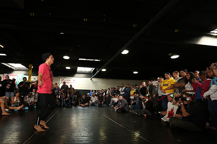 TORONTO, CANADA - SEPTEMBER 19:   Joseph Benavidez works out for fans and media during the UFC 152 open workouts at Xtreme Couture Gym on September 19, 2012 in Toronto, Ontario, Canada.  (Photo by Josh Hedges/Zuffa LLC/Zuffa LLC via Getty Images)