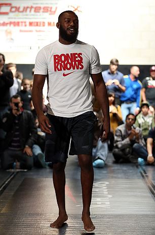 TORONTO, CANADA - SEPTEMBER 19:   Jon "Bones" Jones works out for fans and media during the UFC 152 open workouts at Xtreme Couture Gym on September 19, 2012 in Toronto, Ontario, Canada.  (Photo by Josh Hedges/Zuffa LLC/Zuffa LLC via Getty Images)
