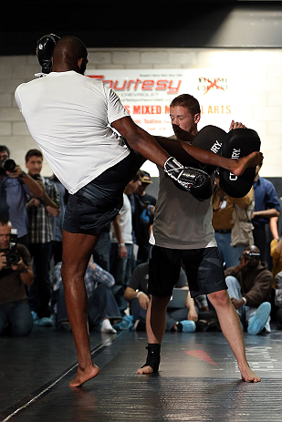 TORONTO, CANADA - SEPTEMBER 19: Jon "Bones" Jones works out for fans and media during the UFC 152 open workouts at Xtreme Couture Gym on September 19, 2012 in Toronto, Ontario, Canada. (Photo by Josh Hedges/Zuffa LLC/Zuffa LLC via Getty Images)