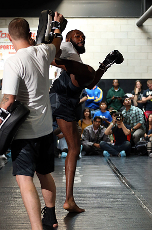 TORONTO, CANADA - SEPTEMBER 19: Jon "Bones" Jones works out for fans and media during the UFC 152 open workouts at Xtreme Couture Gym on September 19, 2012 in Toronto, Ontario, Canada. (Photo by Josh Hedges/Zuffa LLC/Zuffa LLC via Getty Images)