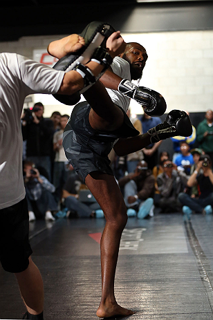 TORONTO, CANADA - SEPTEMBER 19: Jon "Bones" Jones works out for fans and media during the UFC 152 open workouts at Xtreme Couture Gym on September 19, 2012 in Toronto, Ontario, Canada. (Photo by Josh Hedges/Zuffa LLC/Zuffa LLC via Getty Images)