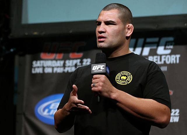 TORONTO, CANADA - SEPTEMBER 21: Cain Velasquez interacts with fans during a Q&A session before the UFC 152 weigh in at Mattamy Athletic Centre at the Gardens on September 21, 2012 in Toronto, Ontario, Canada. (Photo by Josh Hedges/Zuffa LLC/Zuffa LLC via Getty Images)