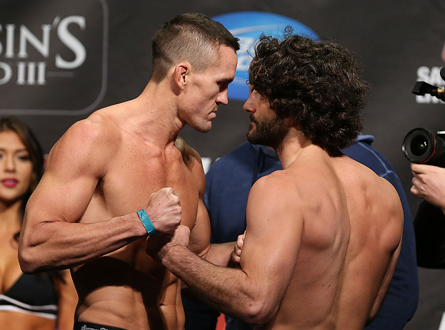 TORONTO, CANADA - SEPTEMBER 21: (L-R) Opponents Kyle Noke and Charlie Brenneman face off during the UFC 152 weigh in at Mattamy Athletic Centre at the Gardens on September 21, 2012 in Toronto, Ontario, Canada. (Photo by Josh Hedges/Zuffa LLC/Zuffa LLC via Getty Images)