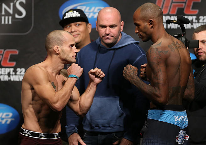 TORONTO, CANADA - SEPTEMBER 21: (L-R) Opponents Mitch Gagnon and Walel Watson face off during the UFC 152 weigh in at Mattamy Athletic Centre at the Gardens on September 21, 2012 in Toronto, Ontario, Canada. (Photo by Josh Hedges/Zuffa LLC/Zuffa LLC via Getty Images)