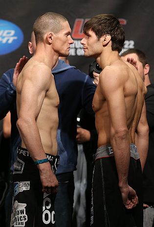 TORONTO, CANADA - SEPTEMBER 21: (L-R) Opponents Seth Baczynski and Simeon Thoresen face off during the UFC 152 weigh in at Mattamy Athletic Centre at the Gardens on September 21, 2012 in Toronto, Ontario, Canada. (Photo by Josh Hedges/Zuffa LLC/Zuffa LLC via Getty Images)