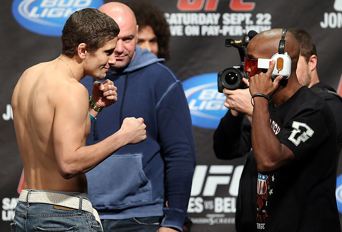 TORONTO, CANADA - SEPTEMBER 21: (L-R) Opponents Jimy Hettes and Marcus Brimage face off during the UFC 152 weigh in at Mattamy Athletic Centre at the Gardens on September 21, 2012 in Toronto, Ontario, Canada. (Photo by Josh Hedges/Zuffa LLC/Zuffa LLC via Getty Images)