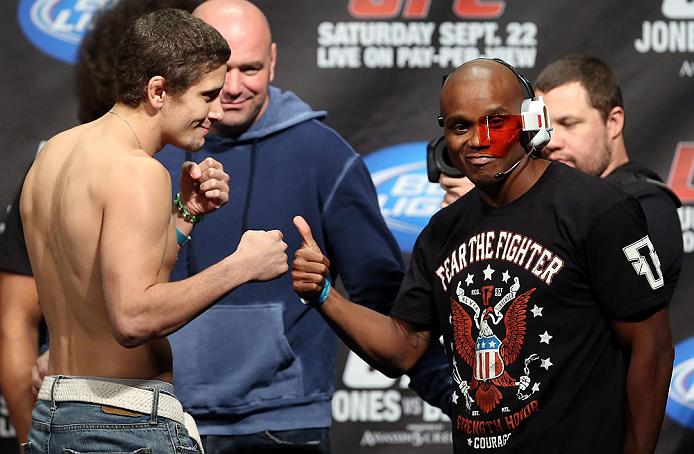 TORONTO, CANADA - SEPTEMBER 21: (L-R) Opponents Jimy Hettes and Marcus Brimage face off during the UFC 152 weigh in at Mattamy Athletic Centre at the Gardens on September 21, 2012 in Toronto, Ontario, Canada. (Photo by Josh Hedges/Zuffa LLC/Zuffa LLC via Getty Images)