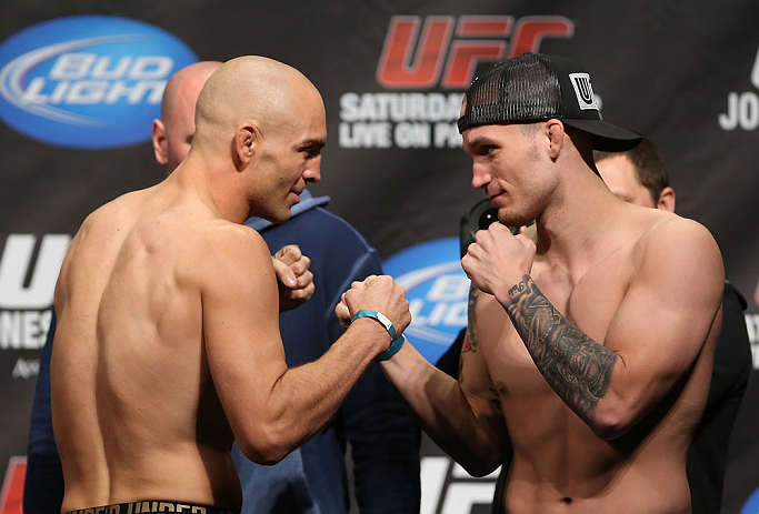 TORONTO, CANADA - SEPTEMBER 21: (L-R) Opponents Sean Pierson and Lance Benoist face off during the UFC 152 weigh in at Mattamy Athletic Centre at the Gardens on September 21, 2012 in Toronto, Ontario, Canada. (Photo by Josh Hedges/Zuffa LLC/Zuffa LLC via Getty Images)