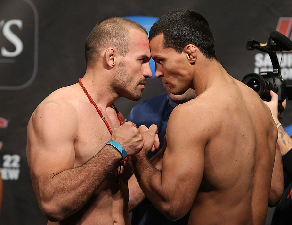 TORONTO, CANADA - SEPTEMBER 21: (L-R) Opponents Igor Pokrajac and Vinny Magalhaes face off during the UFC 152 weigh in at Mattamy Athletic Centre at the Gardens on September 21, 2012 in Toronto, Ontario, Canada. (Photo by Josh Hedges/Zuffa LLC/Zuffa LLC via Getty Images)