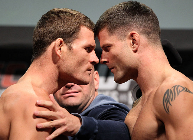 TORONTO, CANADA - SEPTEMBER 21: (L-R) Opponents Michael Bisping and Brian Stann face off during the UFC 152 weigh in at Mattamy Athletic Centre at the Gardens on September 21, 2012 in Toronto, Ontario, Canada. (Photo by Mike Roach/Zuffa LLC/Zuffa LLC via Getty Images)