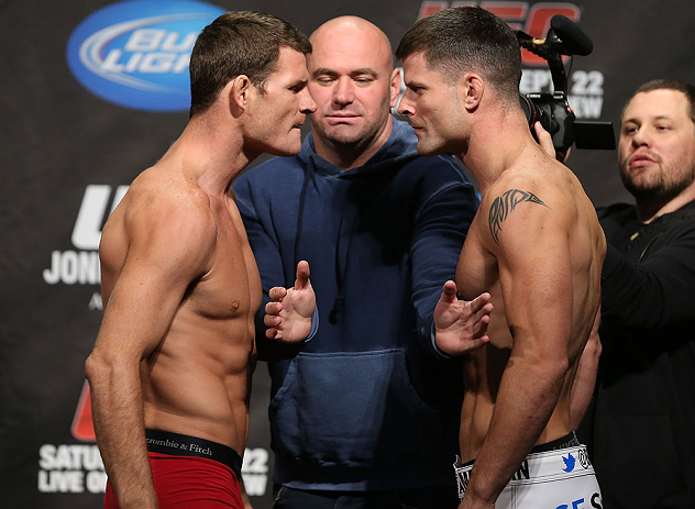 TORONTO, CANADA - SEPTEMBER 21: UFC President Dana White separates opponents Michael Bisping (L) and Brian Stann (R) during the UFC 152 weigh in at Mattamy Athletic Centre at the Gardens on September 21, 2012 in Toronto, Ontario, Canada. (Photo by Josh Hedges/Zuffa LLC/Zuffa LLC via Getty Images)