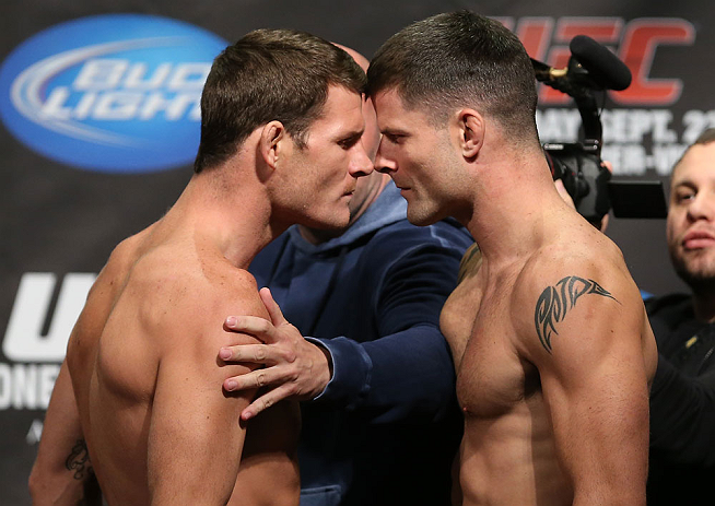 TORONTO, CANADA - SEPTEMBER 21: (L-R) Opponents Michael Bisping and Brian Stann face off during the UFC 152 weigh in at Mattamy Athletic Centre at the Gardens on September 21, 2012 in Toronto, Ontario, Canada. (Photo by Josh Hedges/Zuffa LLC/Zuffa LLC via Getty Images)