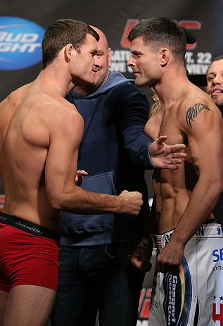 TORONTO, CANADA - SEPTEMBER 21: UFC President Dana White separates opponents Michael Bisping (L) and Brian Stann (R) during the UFC 152 weigh in at Mattamy Athletic Centre at the Gardens on September 21, 2012 in Toronto, Ontario, Canada. (Photo by Josh Hedges/Zuffa LLC/Zuffa LLC via Getty Images)