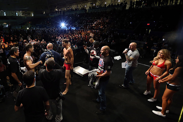 TORONTO, CANADA - SEPTEMBER 21: UFC President Dana White separates opponents Michael Bisping (R) and Brian Stann (L) during the UFC 152 weigh in at Mattamy Athletic Centre at the Gardens on September 21, 2012 in Toronto, Ontario, Canada. (Photo by Josh Hedges/Zuffa LLC/Zuffa LLC via Getty Images)