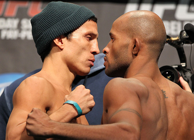 TORONTO, CANADA - SEPTEMBER 21: (L-R) Opponents Joseph Benavidez and Demetrious Johnson face off during the UFC 152 weigh in at Mattamy Athletic Centre at the Gardens on September 21, 2012 in Toronto, Ontario, Canada. (Photo by Mike Roach/Zuffa LLC/Zuffa LLC via Getty Images)
