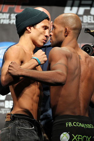 TORONTO, CANADA - SEPTEMBER 21: (L-R) Opponents Joseph Benavidez and Demetrious Johnson face off during the UFC 152 weigh in at Mattamy Athletic Centre at the Gardens on September 21, 2012 in Toronto, Ontario, Canada. (Photo by Mike Roach/Zuffa LLC/Zuffa LLC via Getty Images)