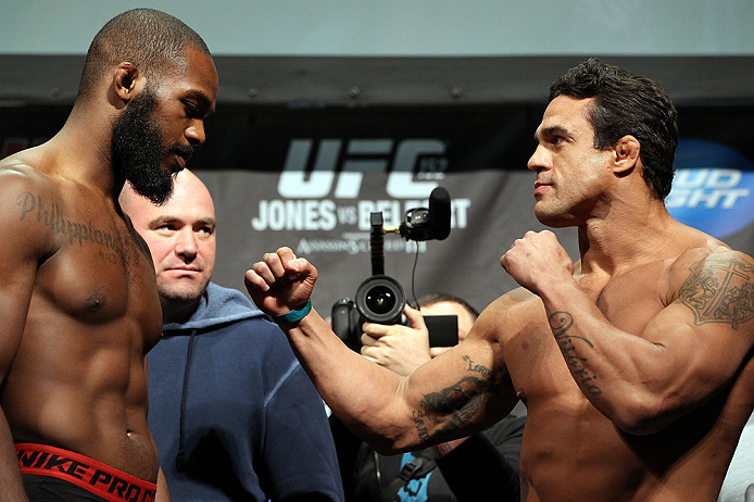 TORONTO, CANADA - SEPTEMBER 21: (L-R) Opponents Jon ''Bones'' Jones and Vitor Belfort face off during the UFC 152 weigh in at Mattamy Athletic Centre at the Gardens on September 21, 2012 in Toronto, Ontario, Canada. (Photo by Mike Roach/Zuffa LLC/Zuffa LLC via Getty Images)