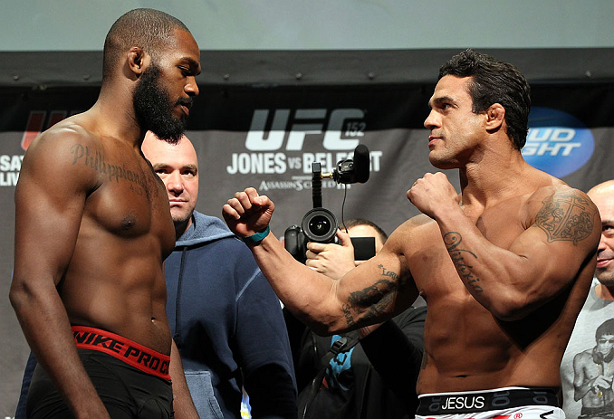 TORONTO, CANADA - SEPTEMBER 21: (L-R) Opponents Jon ''Bones'' Jones and Vitor Belfort face off during the UFC 152 weigh in at Mattamy Athletic Centre at the Gardens on September 21, 2012 in Toronto, Ontario, Canada. (Photo by Mike Roach/Zuffa LLC/Zuffa LLC via Getty Images)