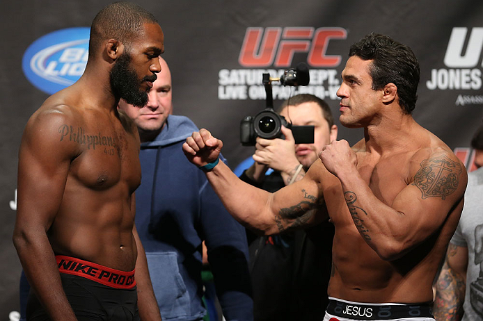 TORONTO, CANADA - SEPTEMBER 21: (L-R) Opponents Jon "Bones" Jones and Vitor Belfort face off during the UFC 152 weigh in at Mattamy Athletic Centre at the Gardens on September 21, 2012 in Toronto, Ontario, Canada. (Photo by Josh Hedges/Zuffa LLC/Zuffa LLC via Getty Images)