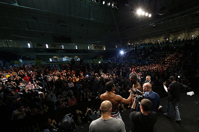 TORONTO, CANADA - SEPTEMBER 21: (R-L) Opponents Jon "Bones" Jones and Vitor Belfort face off during the UFC 152 weigh in at Mattamy Athletic Centre at the Gardens on September 21, 2012 in Toronto, Ontario, Canada. (Photo by Josh Hedges/Zuffa LLC/Zuffa LLC via Getty Images)